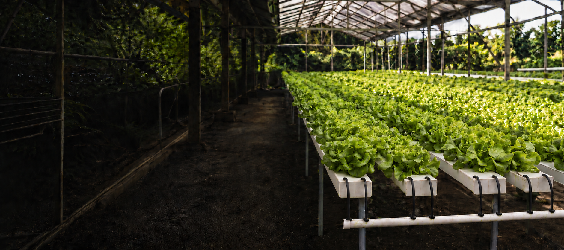A hydroponic greenhouse with leafy crops and two feed tubes supplying each growing gully